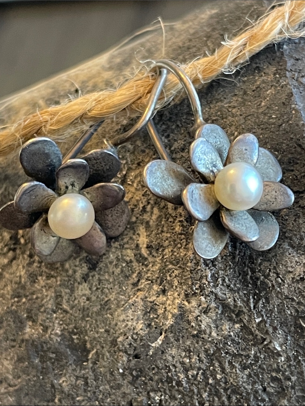 Silpada, Israel sterling silver flower petal, pearl drop earrings